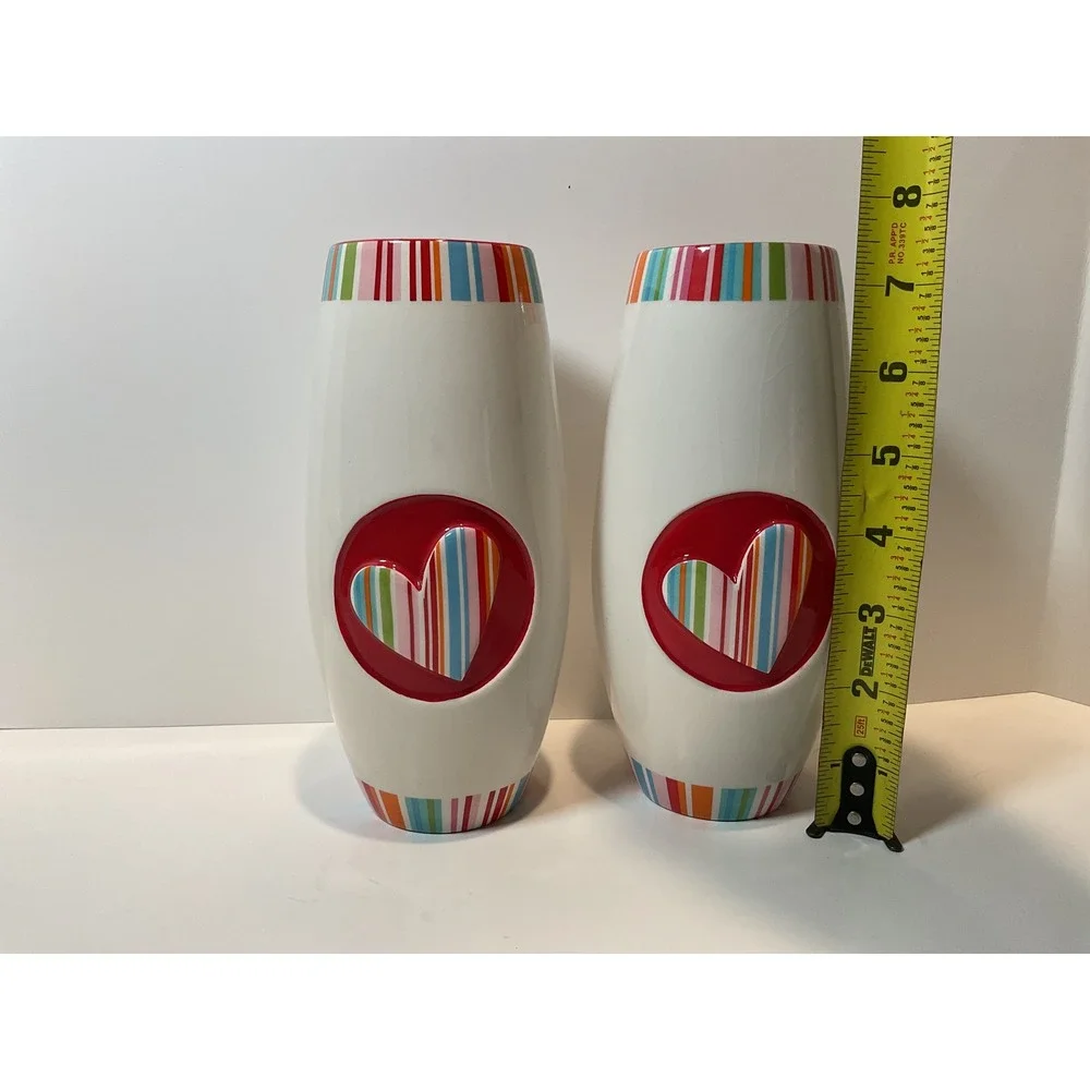 Ganz Heart Vases Set of 3 Heart Striped‎ Colorful Ceramic Decorative Home Decor